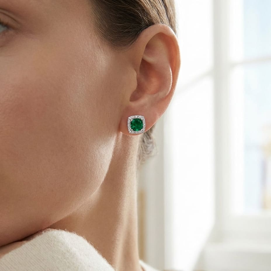 Created Emerald Square Stud Earrings in 14K White Gold, worn close-up portrait