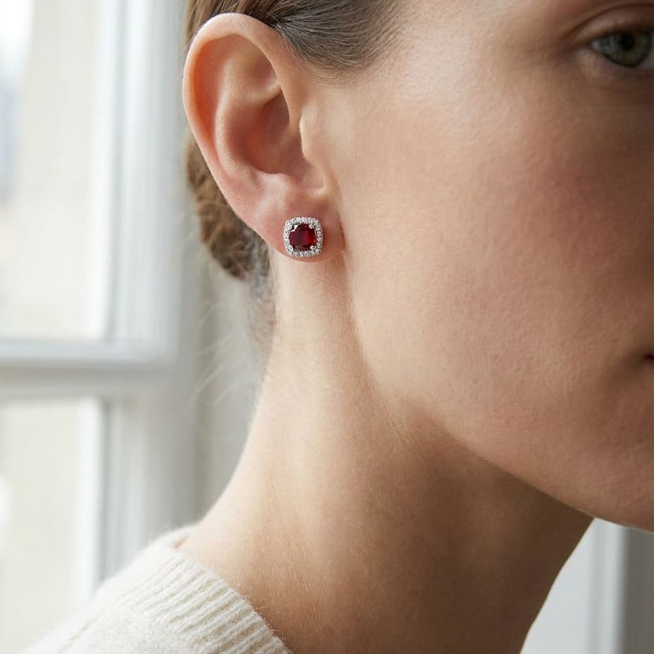 Garnet And Diamond Cushion Halo Earrings In 14k White Gold, worn close-up portrait