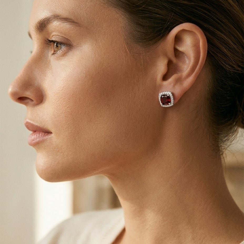 Garnet & Diamond Cushion Halo Earrings in 14K White Gold - editorial