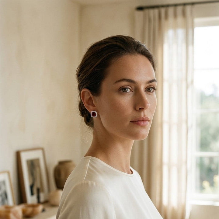 Garnet & Diamond Cushion Halo Earrings in 14K White Gold - on model
