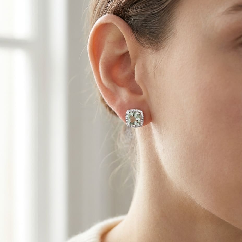 Natural Diamond Round Brilliant Stud Earrings in 14K White Gold, worn close-up portrait