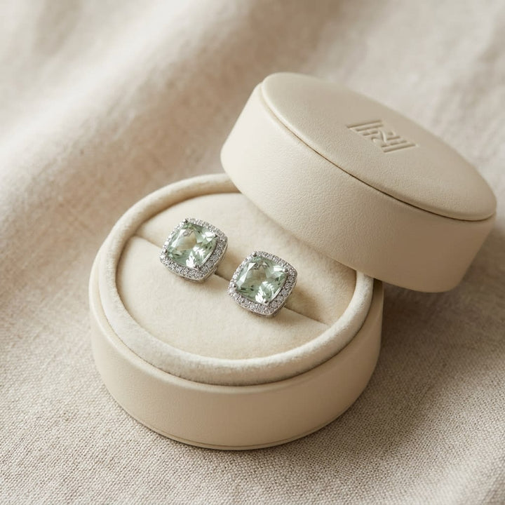 Natural Diamond Round Brilliant Stud Earrings in 14K White Gold, in navy velvet jewelry box