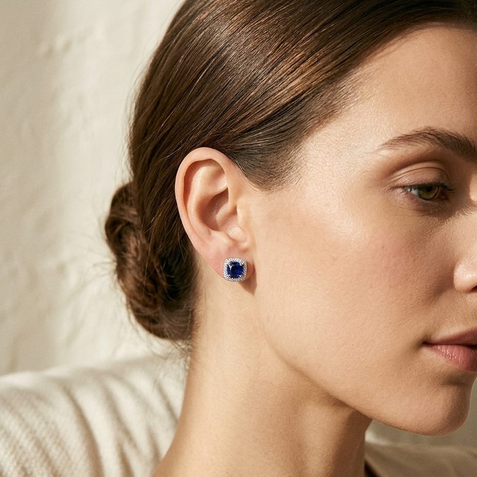 Sapphire & Diamond Cushion Halo Earrings in 14K White Gold - lifestyle