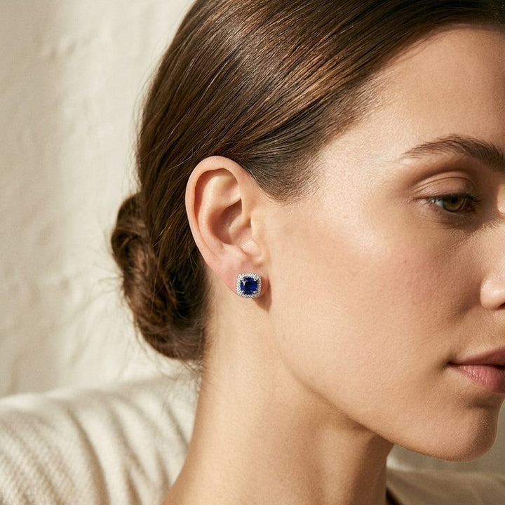 Sapphire & Diamond Cushion Halo Earrings in 14K White Gold - lifestyle