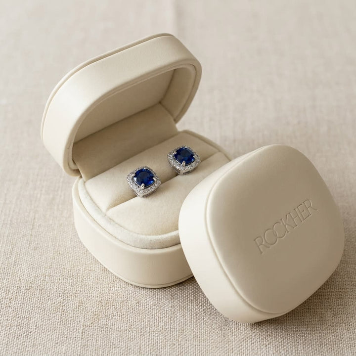 Sapphire Cushion Stud Earrings in 14K White Gold, in navy velvet jewelry box