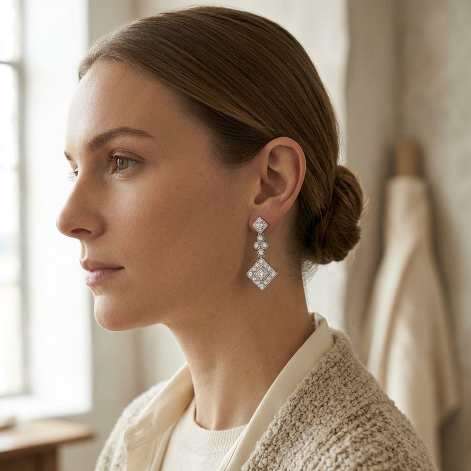 Diamond Princess/Round Dangle Earrings in 14K White Gold - lifestyle