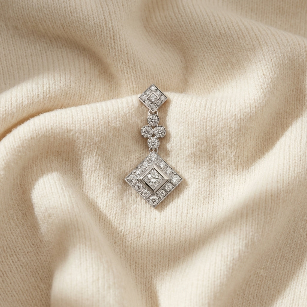 Diamond Princess/Round Dangle Earrings in 14K White Gold - flat lay
