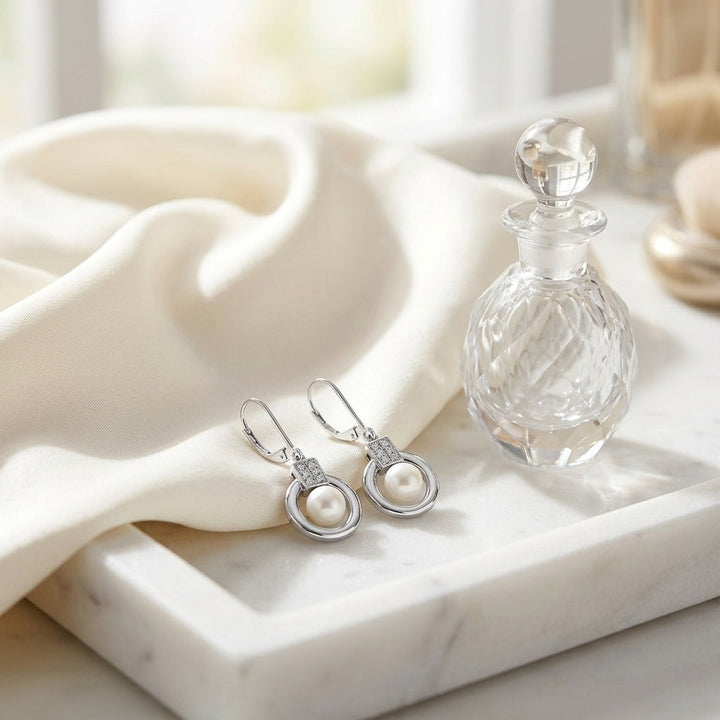Freshwater Pearl & Diamond Leverback Earrings 0.06ctw in 14K White Gold - lifestyle