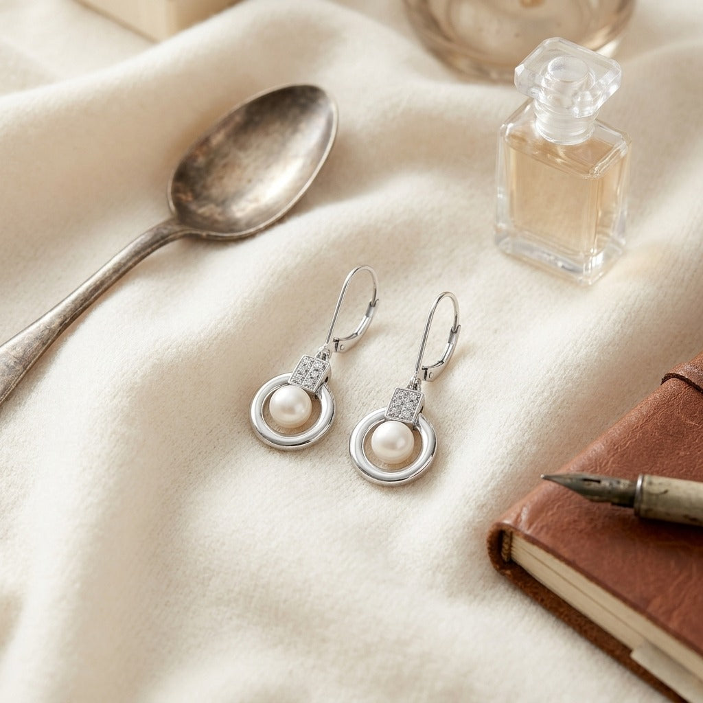 Freshwater Pearl & Diamond Leverback Earrings 0.06ctw in 14K White Gold - flat lay