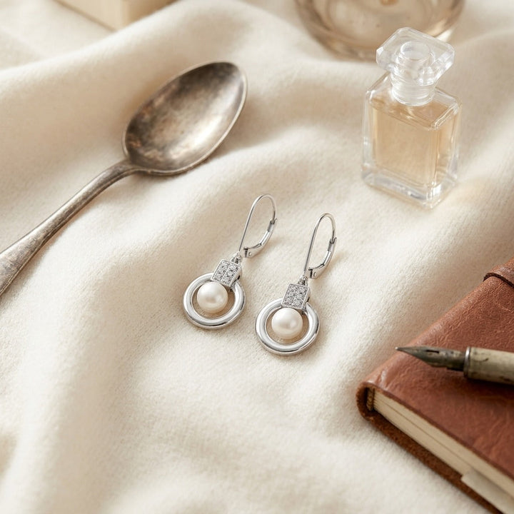 Freshwater Pearl & Diamond Leverback Earrings 0.06ctw in 14K White Gold - flat lay