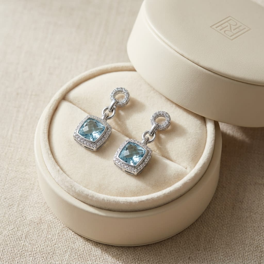 Aquamarine And Diamond Earrings in 14K White Gold, in navy velvet jewelry box