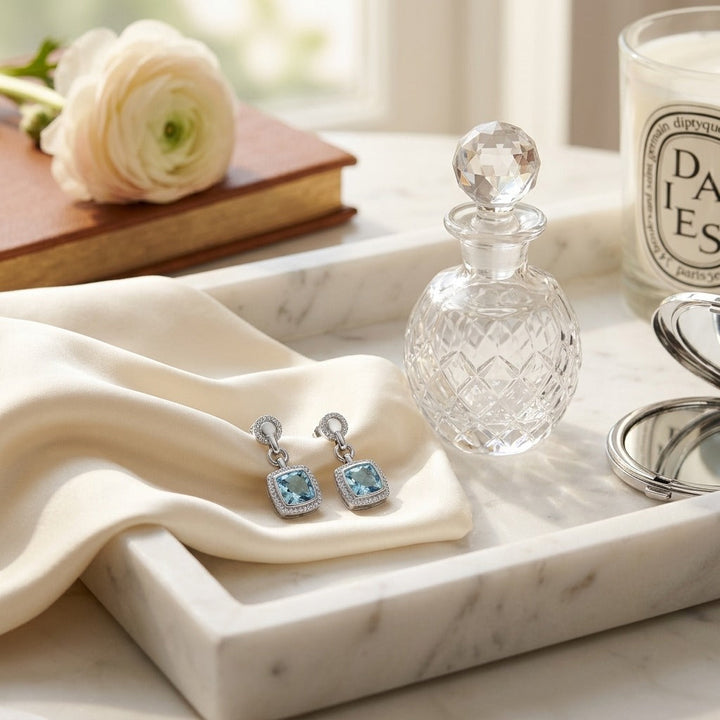 Aquamarine & Diamond Earrings in 14K White Gold - lifestyle