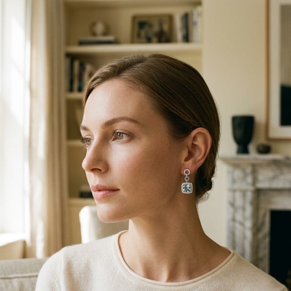 Aquamarine & Diamond Earrings in 14K White Gold - editorial