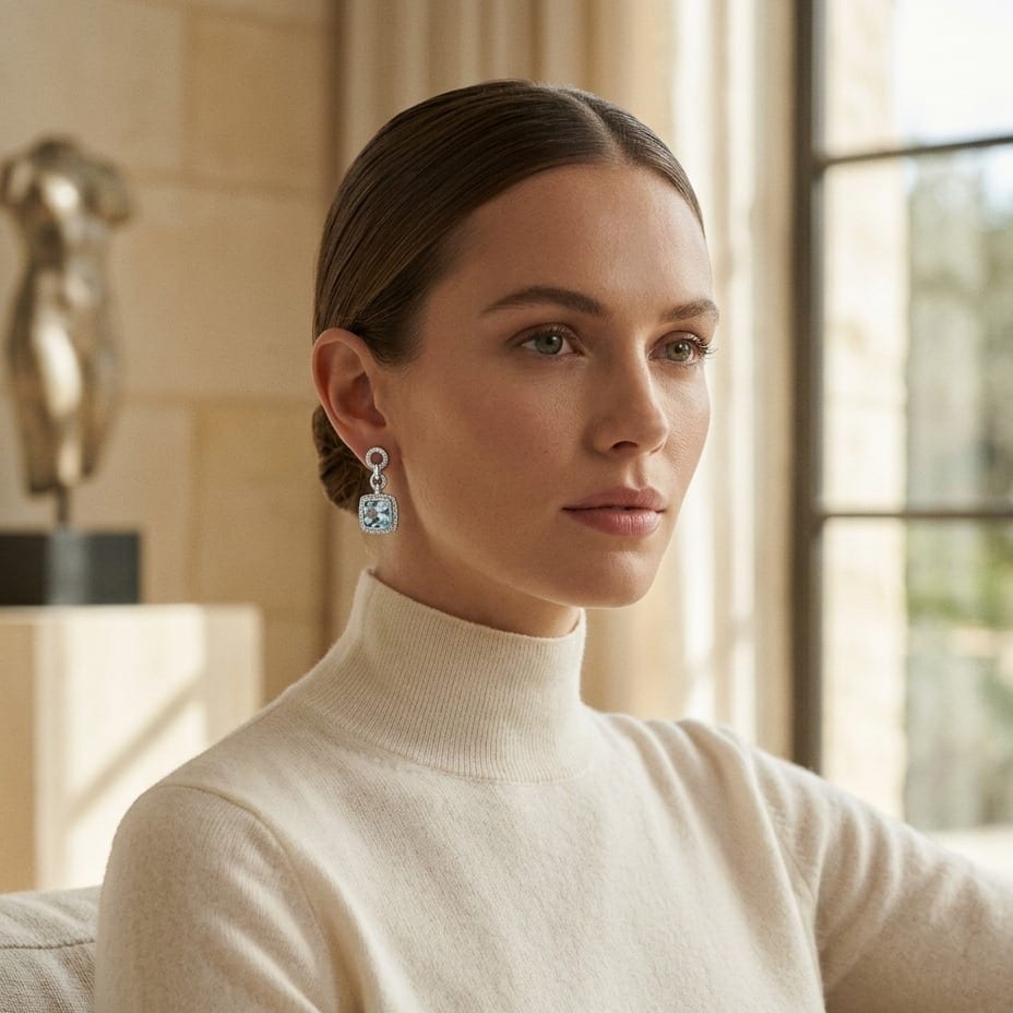 Aquamarine & Diamond Earrings in 14K White Gold - on model