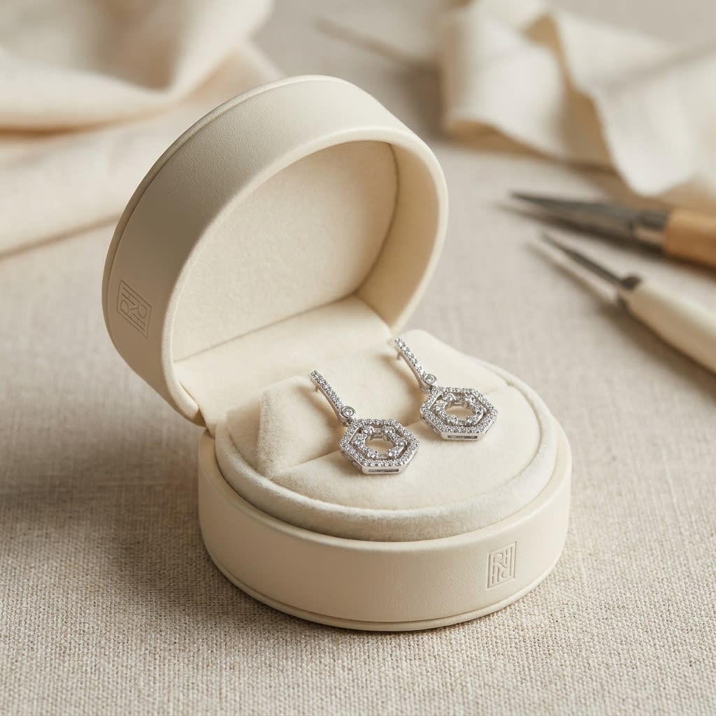 14K White Gold Hexagon Drop Earrings, in navy velvet jewelry box
