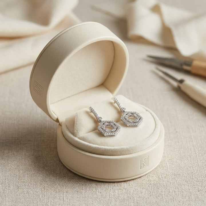 14K White Gold Hexagon Drop Earrings, in navy velvet jewelry box