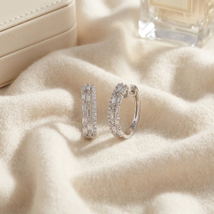 Diamond Baguette & Round Brilliant Multi-Row Oval Hinged Hoop Earring in 14K White Gold - flat lay