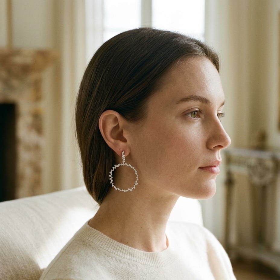 Scattered Diamonds Circle Earrings 3-3/8ctw in 14K White Gold - lifestyle