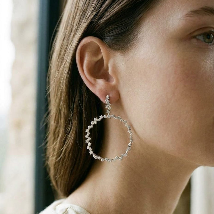 Scattered Diamonds Circle Earrings in 14k White Gold 3.38ctw, worn close-up portrait