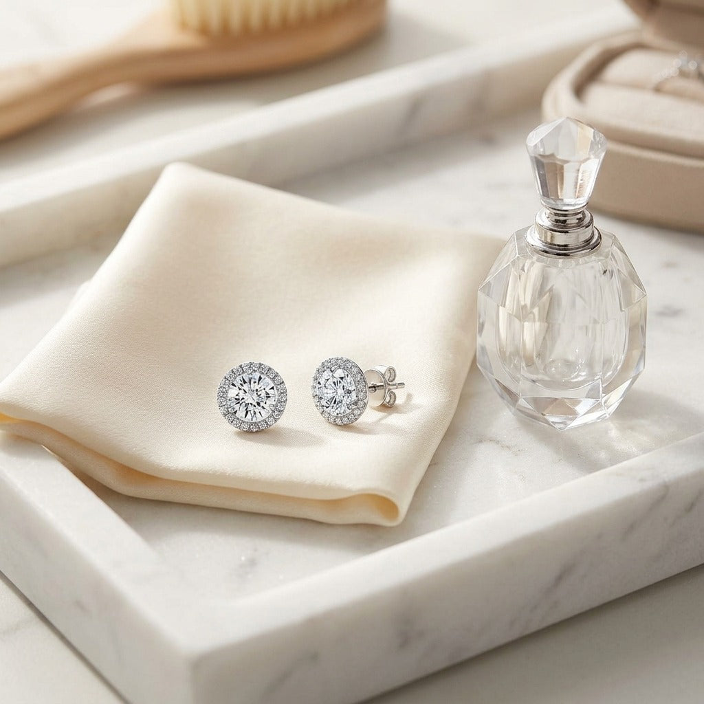 Diamond Round Martini Prong Earrings with Halo Border in 14K White Gold - lifestyle