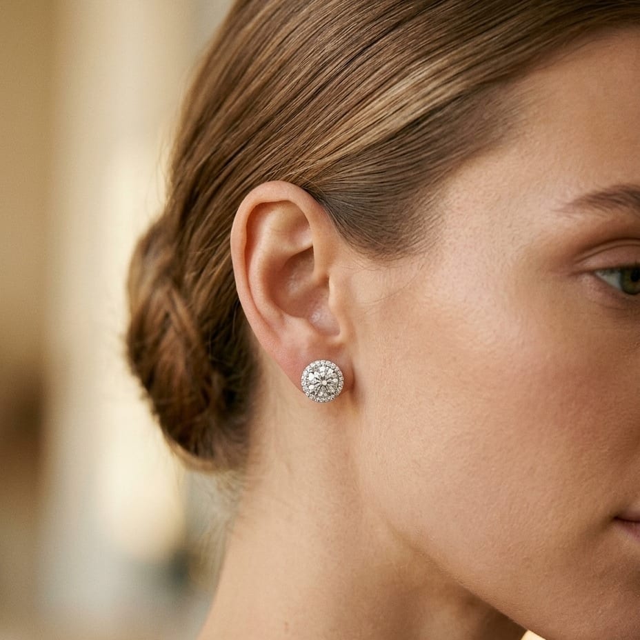 Diamond Round Martini Prong Earrings with Halo Border in 14K White Gold - editorial
