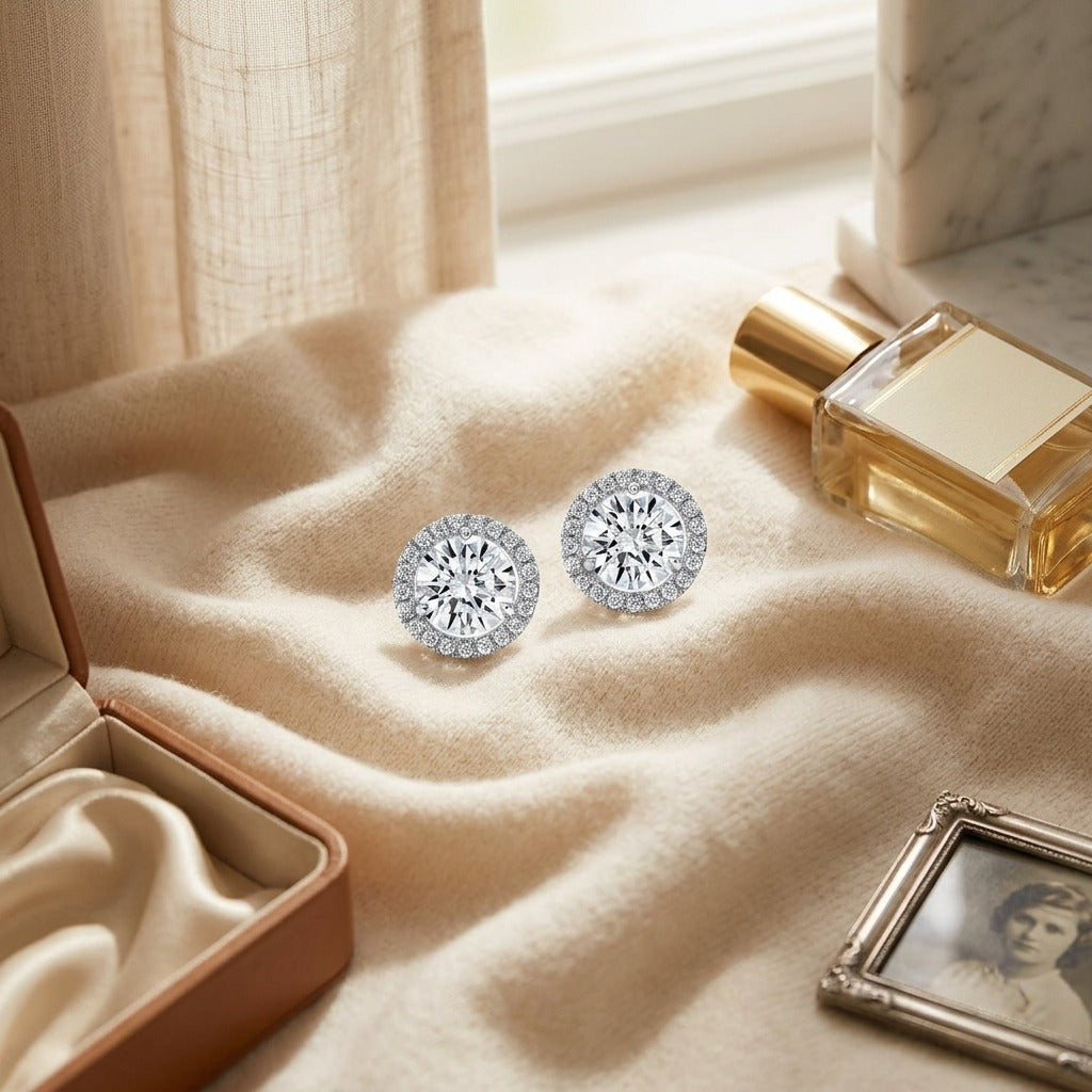 Diamond Round Martini Prong Earrings with Halo Border in 14K White Gold - flat lay