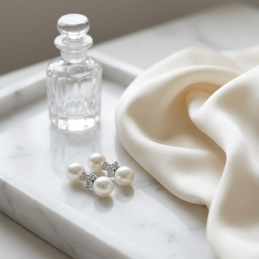 Pearl Pear Shape Stud Earrings in 14K White Gold, on marble vanity tray with silk