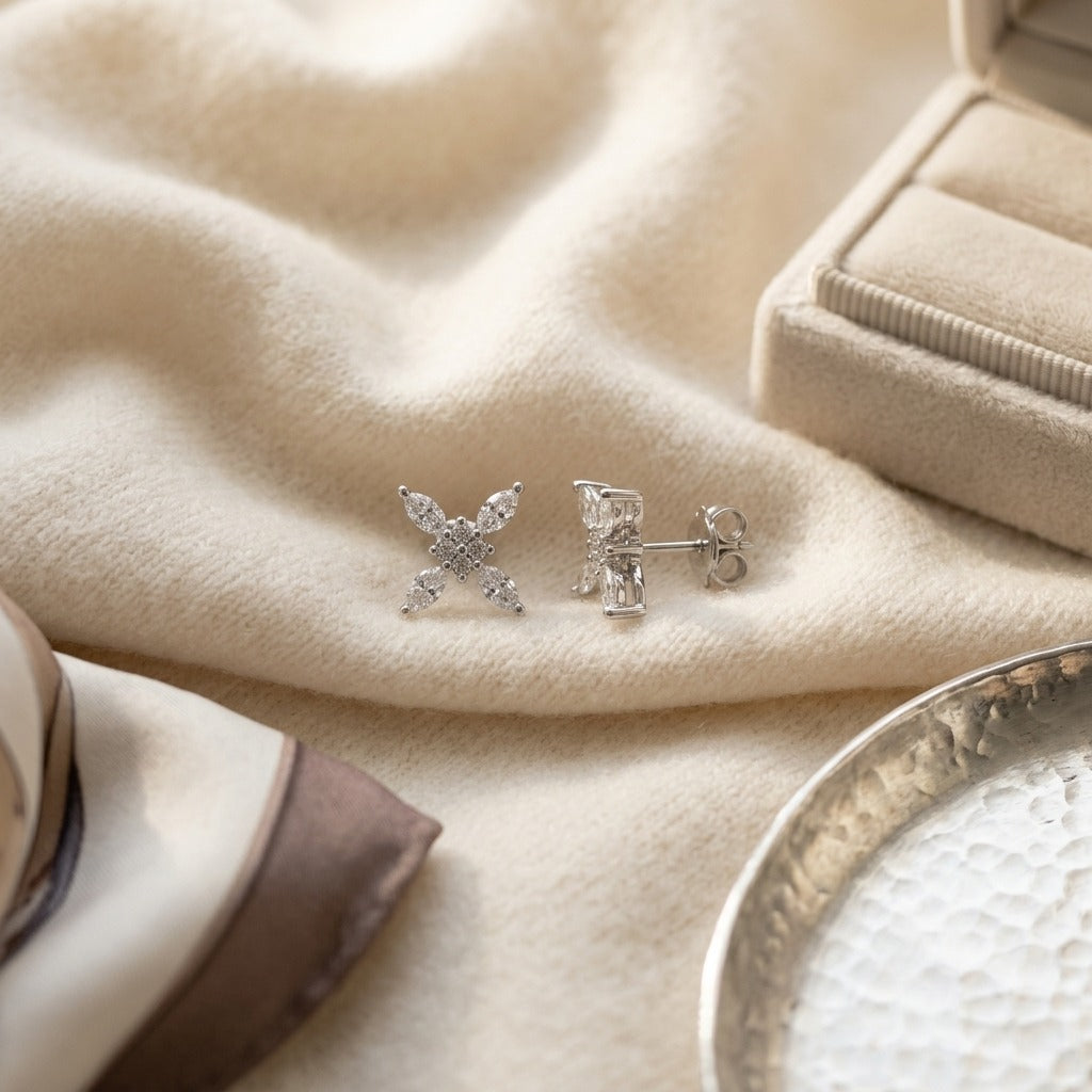 Diamond Marquise Snowflake Earring 5/8ctw in 14K White Gold - flat lay
