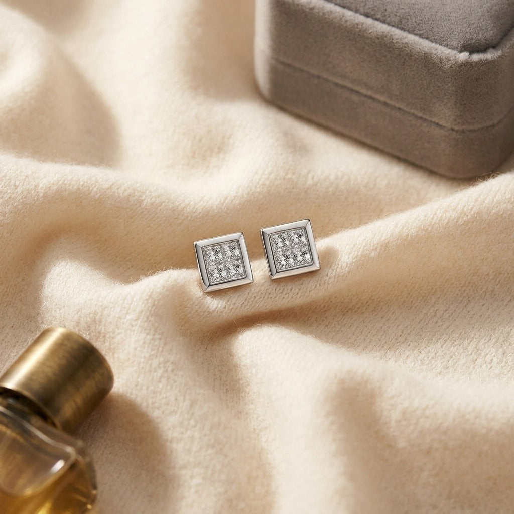 Princess Cut Diamond Earrings in 14K White Gold - flat lay