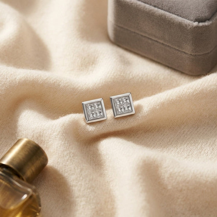Princess Cut Diamond Earrings in 14K White Gold - flat lay