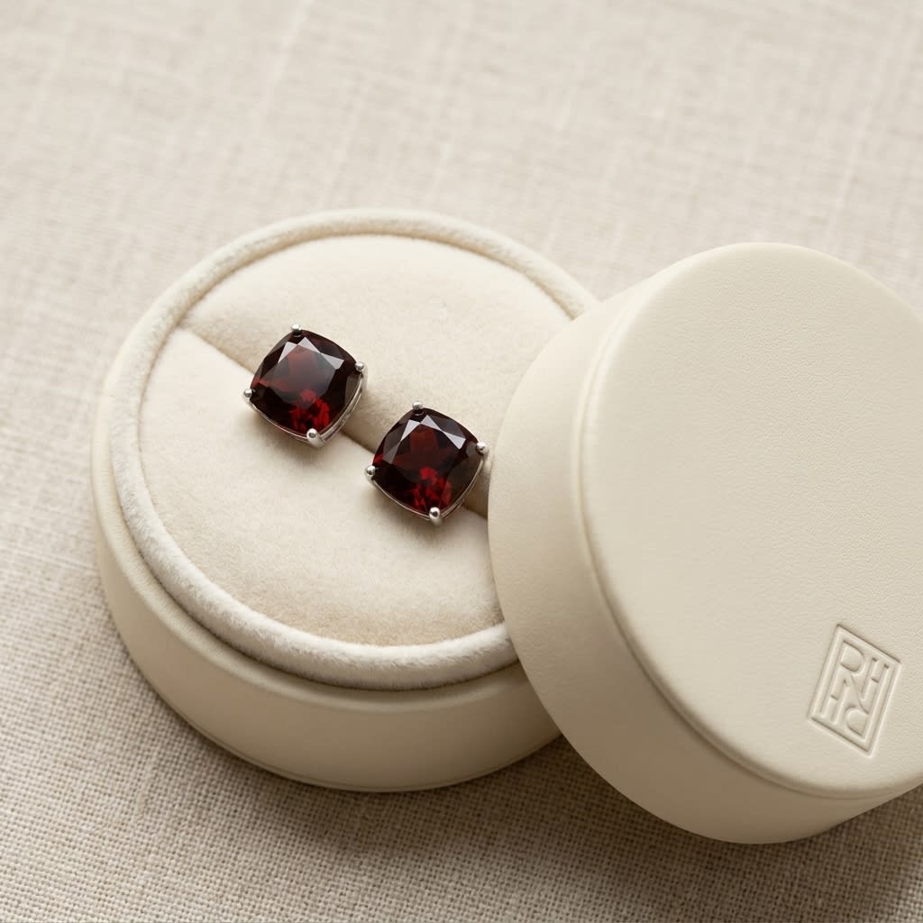 Garnet Cushion Stud Earrings in 14K White Gold, in navy velvet jewelry box