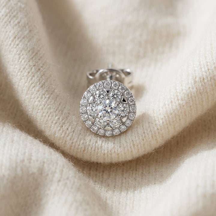 Diamond Halo Earrings in 14K White Gold - flat lay