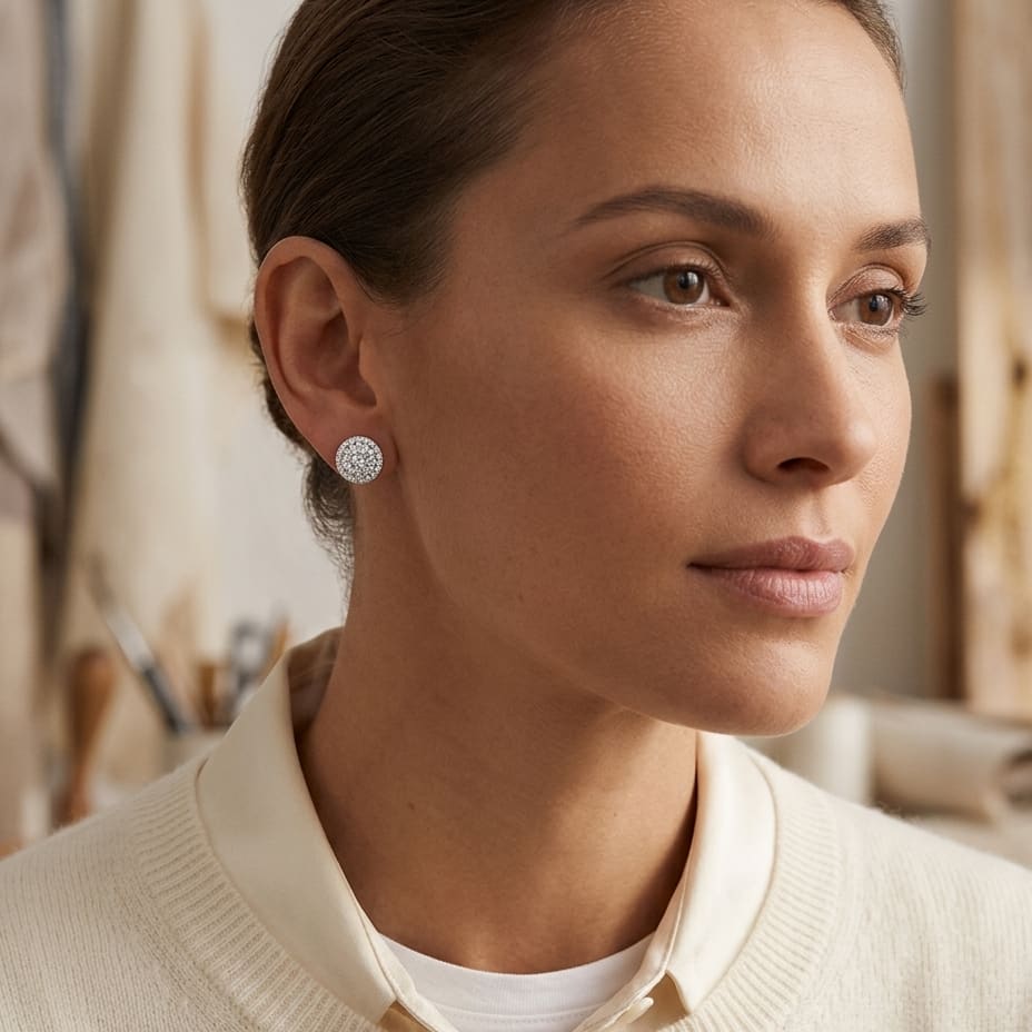 Diamond Halo Earrings in 14K White Gold - editorial