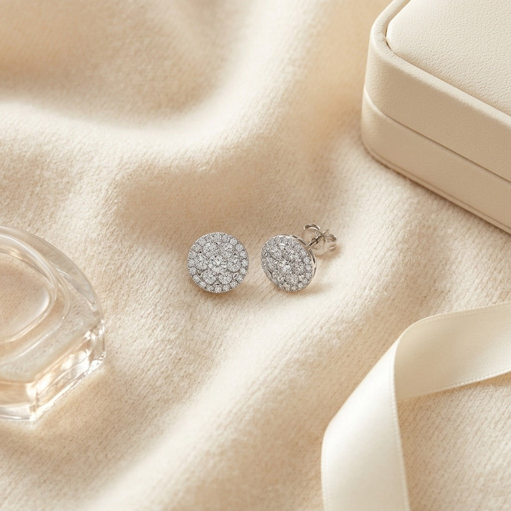 Diamond Halo Earrings in 14K White Gold - flat lay