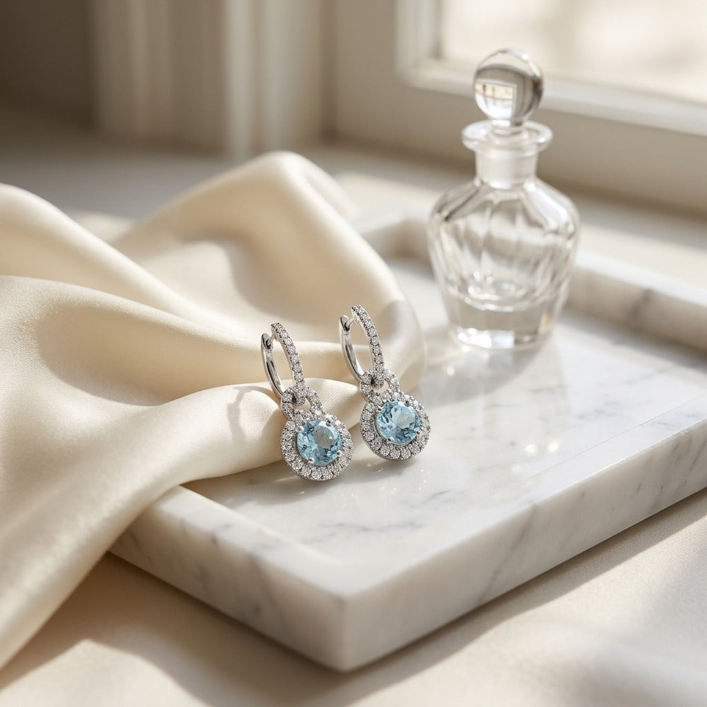 Aquamarine & Diamond Door Knocker Dangle Earrings in 14K White Gold - lifestyle