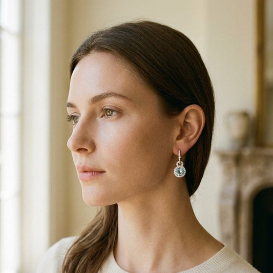 Aquamarine & Diamond Door Knocker Dangle Earrings in 14K White Gold - editorial
