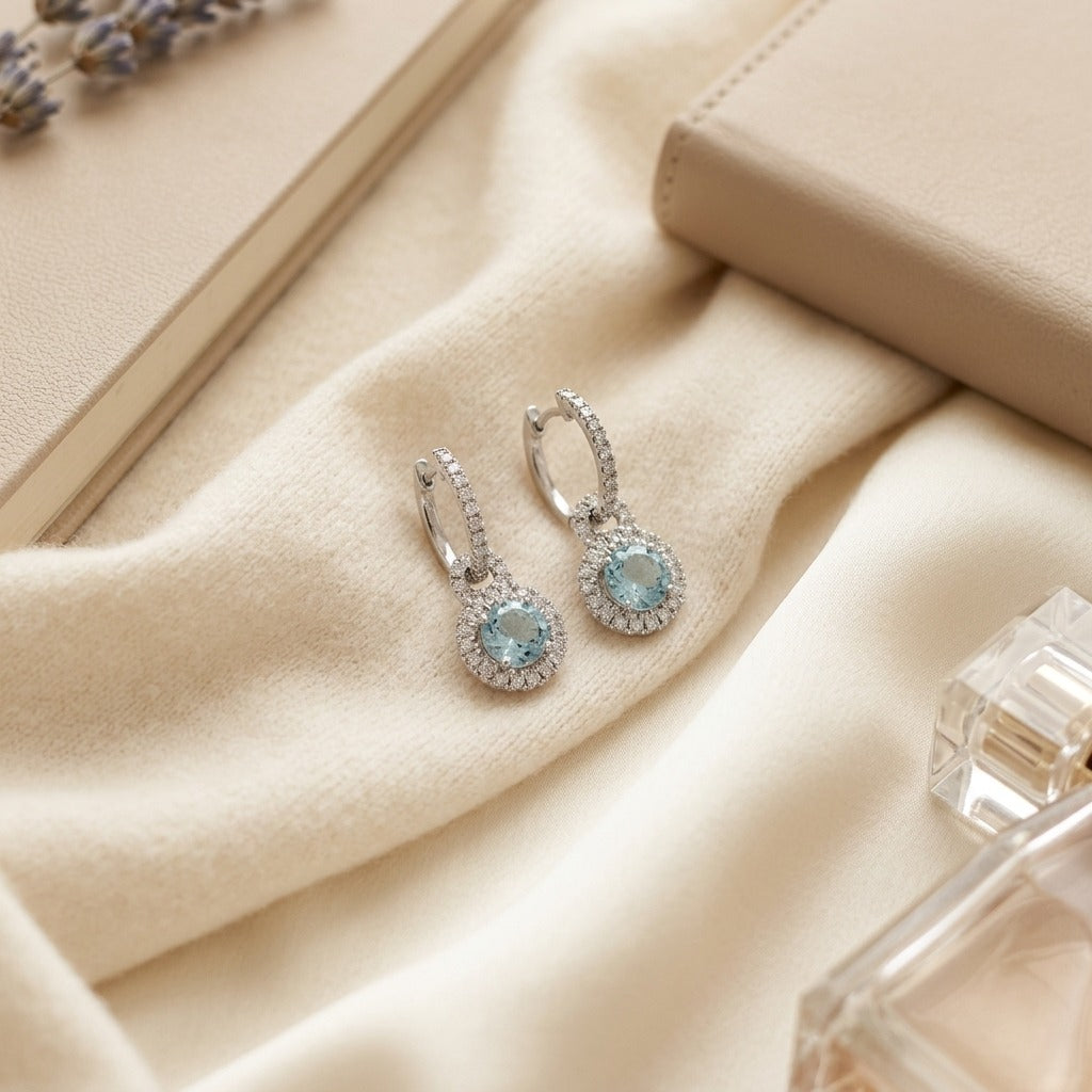 Aquamarine & Diamond Door Knocker Dangle Earrings in 14K White Gold - flat lay