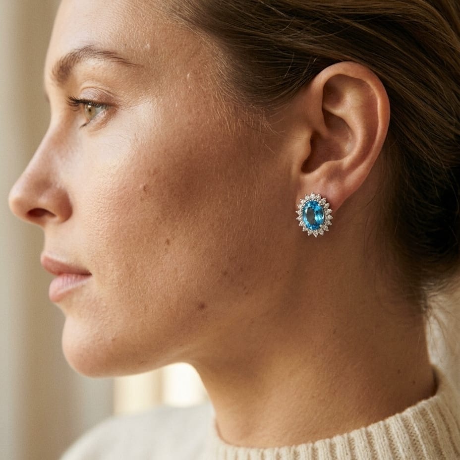 Blue Topaz & Diamond Prong Oval Halo Stud Earrings in 14K White Gold - lifestyle
