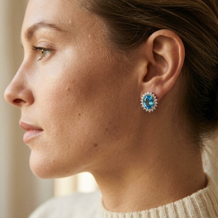 Blue Topaz & Diamond Prong Oval Halo Stud Earrings in 14K White Gold - lifestyle