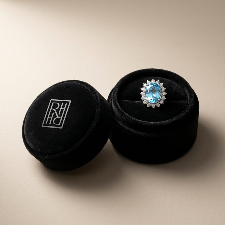 Blue Topaz & Diamond Prong Oval Halo Stud Earrings in 14K White Gold - presentation