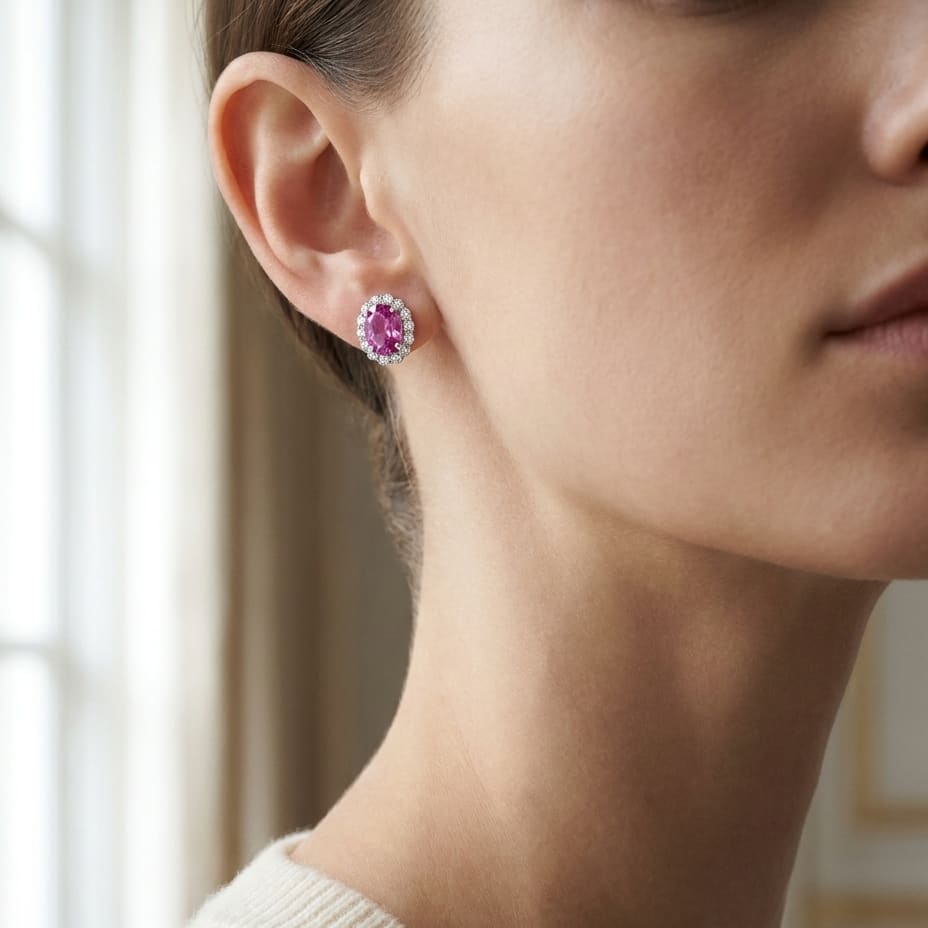 Pink Sapphire Round Brilliant Stud Earrings in 14K White Gold, worn close-up portrait