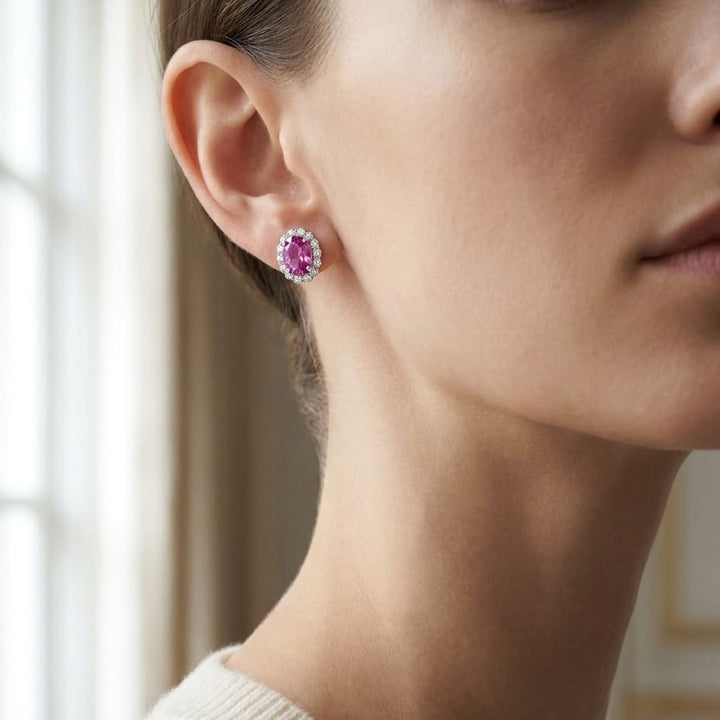 Pink Sapphire Round Brilliant Stud Earrings in 14K White Gold, worn close-up portrait