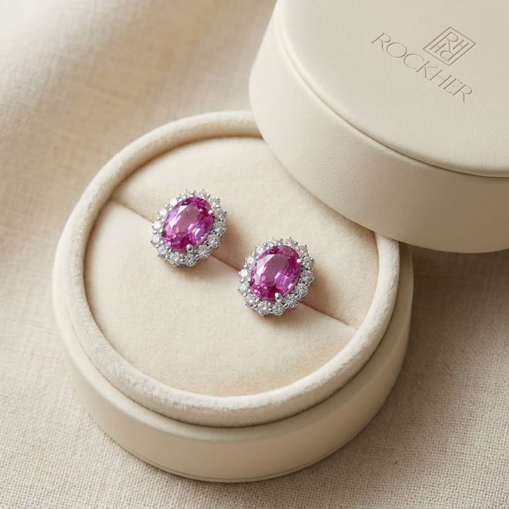 Pink Sapphire Round Brilliant Stud Earrings in 14K White Gold, in navy velvet jewelry box