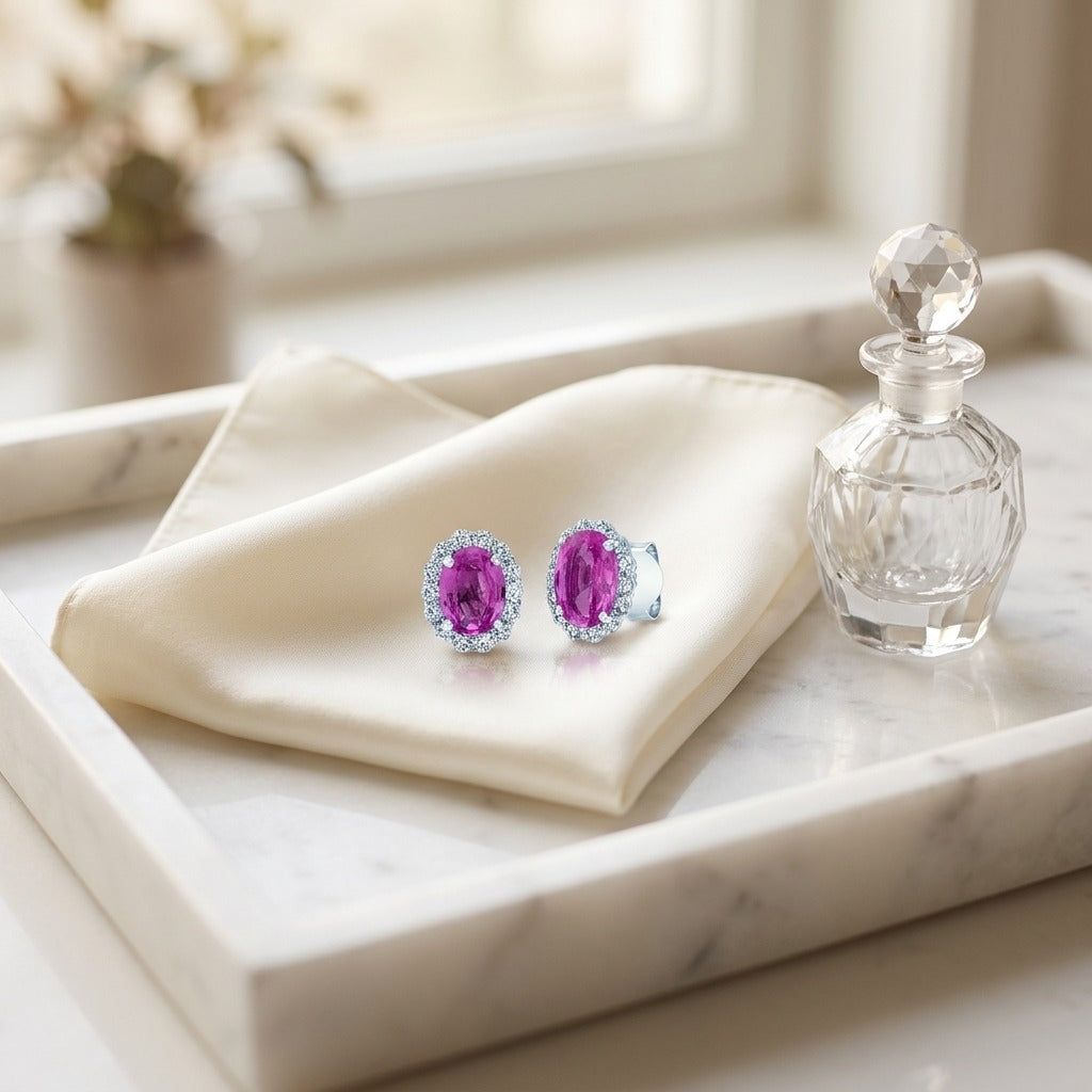 Pink Sapphire & Diamond Earring in 14K White Gold - editorial
