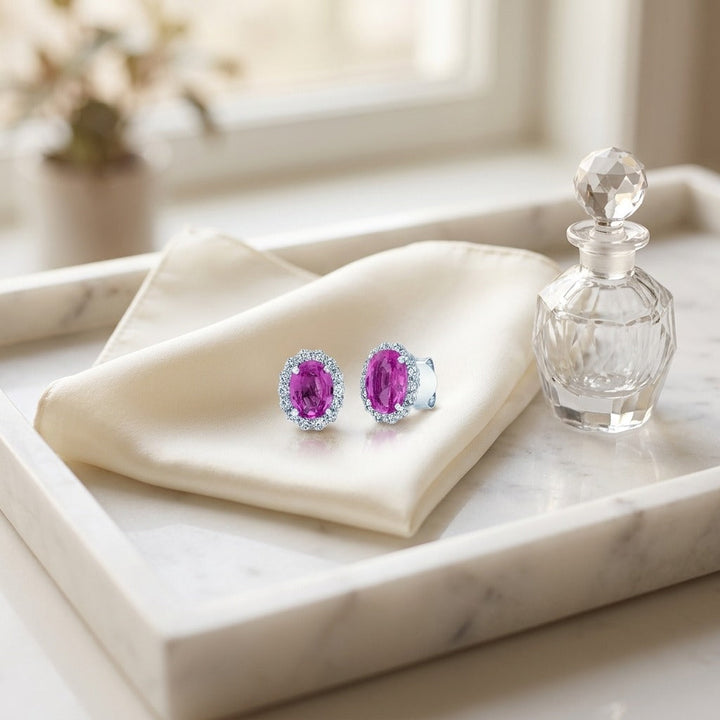 Pink Sapphire & Diamond Earring in 14K White Gold - editorial