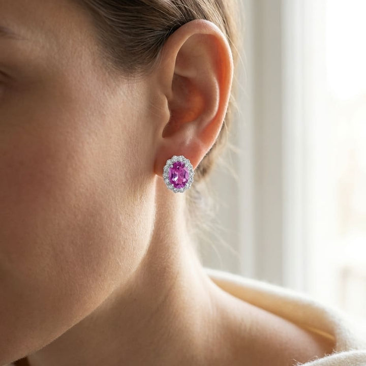 Pink Sapphire and Diamond Earrings in 14K White Gold, worn close-up portrait