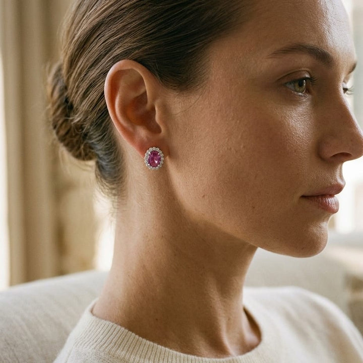 Pink Sapphire & Diamond Earring in 14K White Gold - lifestyle