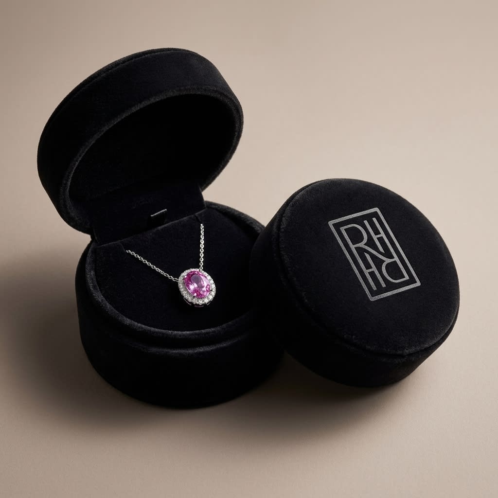 Pink Sapphire and Diamond Earrings in 14K White Gold, in navy velvet jewelry box
