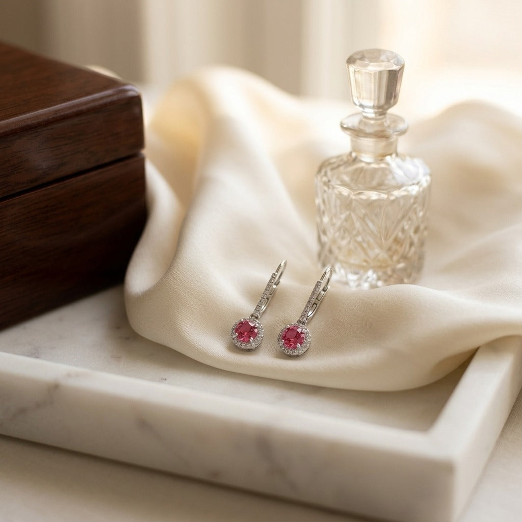 Pink Tourmaline & Diamond Earrings in 14K White Gold - editorial