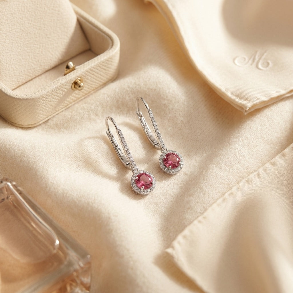 Pink Tourmaline & Diamond Earrings in 14K White Gold - flat lay